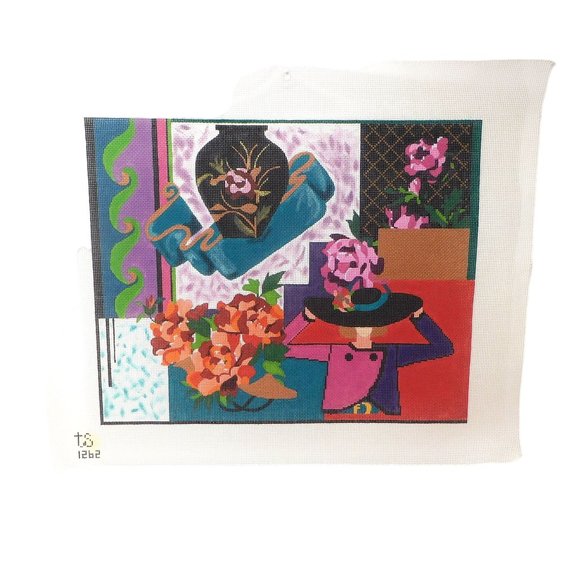 Large TS Designs Woman Hat Flower Collage Needlepoint Canvas 14 ct Hand Painted - Picture 2 of 3